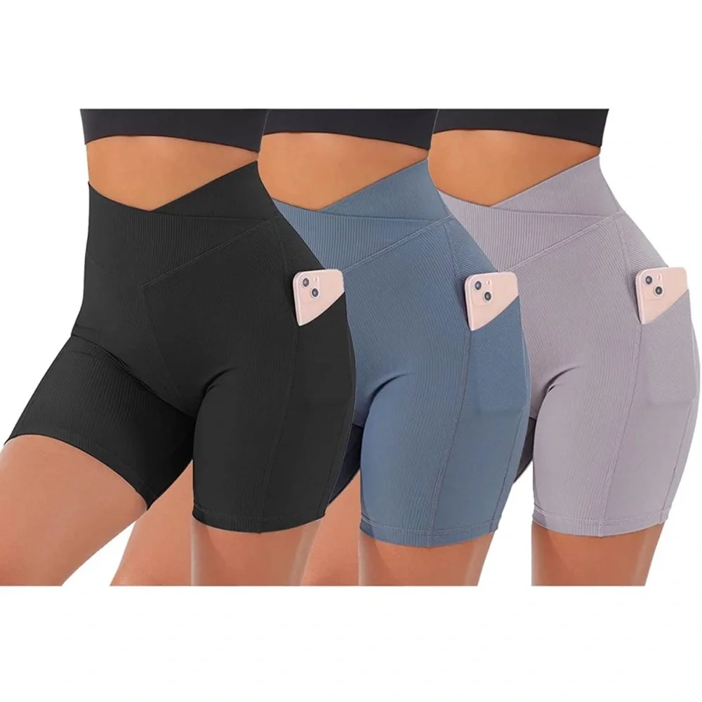 Not for sale❗️3 Pcs Women Cross Waist Ribbed Workout Shorts with Pockets where - Picture 7 of 9